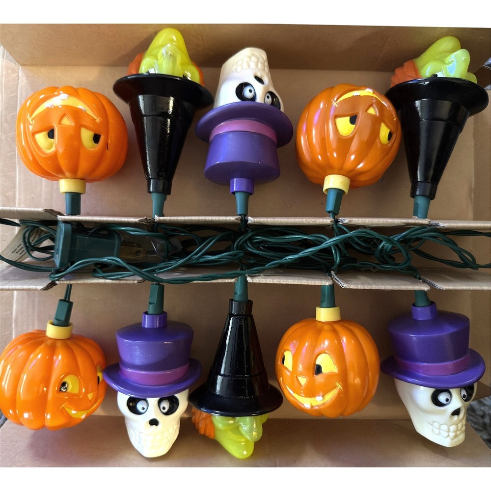 Collectible Halloween '90s Blow-Mold 10 Light String Witch JOL Skull 3" Vtg Avon
